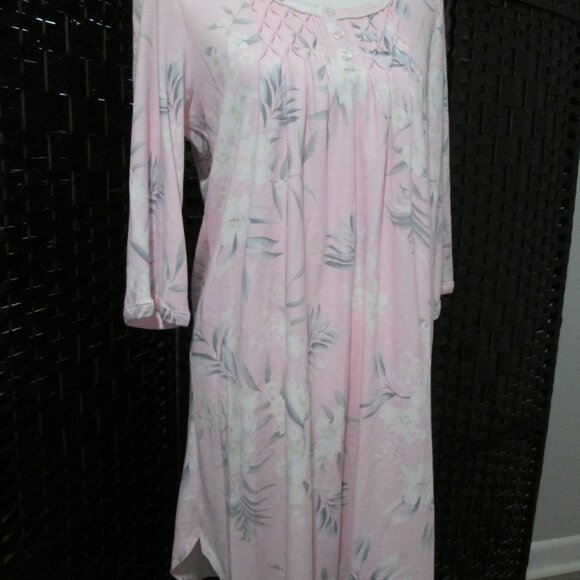 Miss Elaine Cottonessa Short Nightgown 3/4 Sleeve Botanical Pattern Pink NWT M - Picture 7 of 13